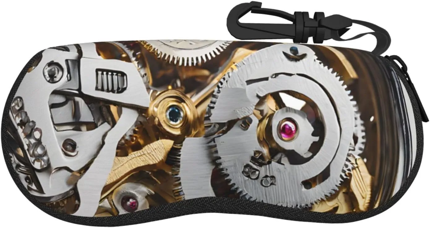 Cool Steampunk Gears Soft Neoprene Glasses Case Lightweight Eyewear Pouch Zipper Eyeglass Holder Anti-Scratch Sunglasses Bag Compact Flexible Travel Sleeve for Purse Backpack Car Office