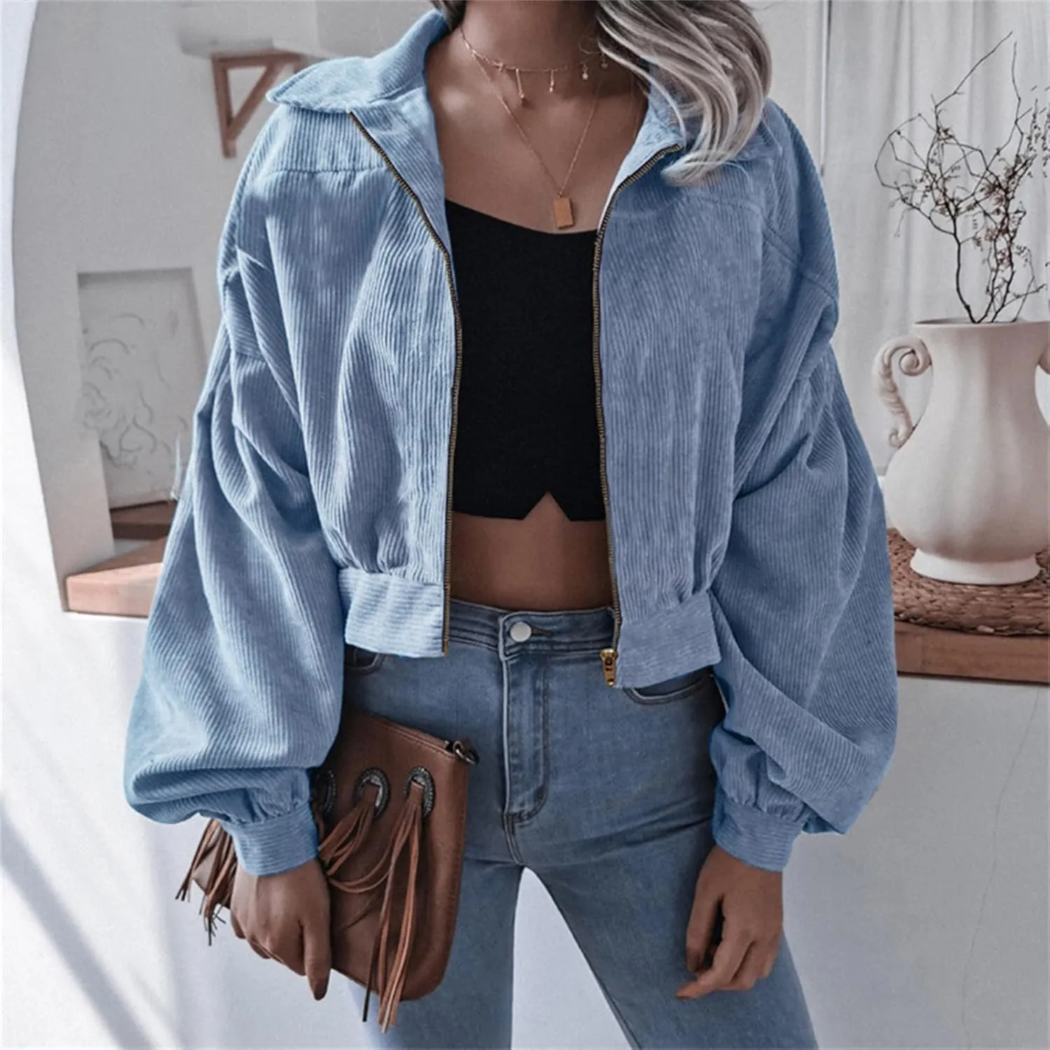 Corduroy Jacket Women Cropped Fall Bomber Jackets Loose Button Down&Zipper Lightweight Shacket Loose Casual Cozy Coat