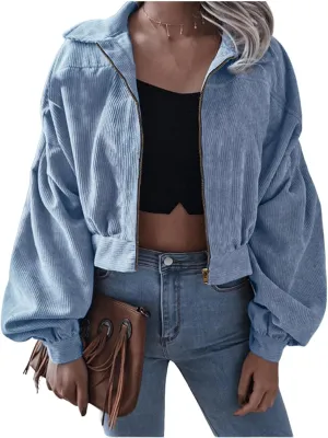 Corduroy Jacket Women Cropped Fall Bomber Jackets Loose Button Down&Zipper Lightweight Shacket Loose Casual Cozy Coat