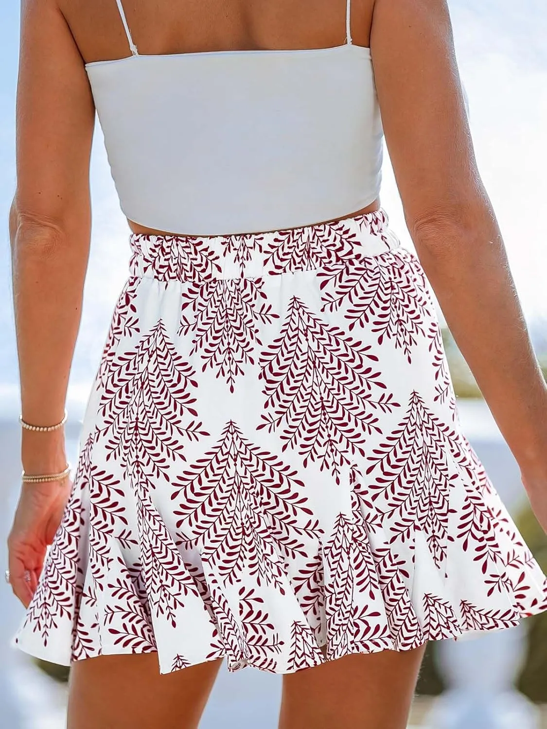 CUPSHE Women Summer Ethnic Print Drawstring Skirt Ruffled Hem A-line Mini Skirts Cute