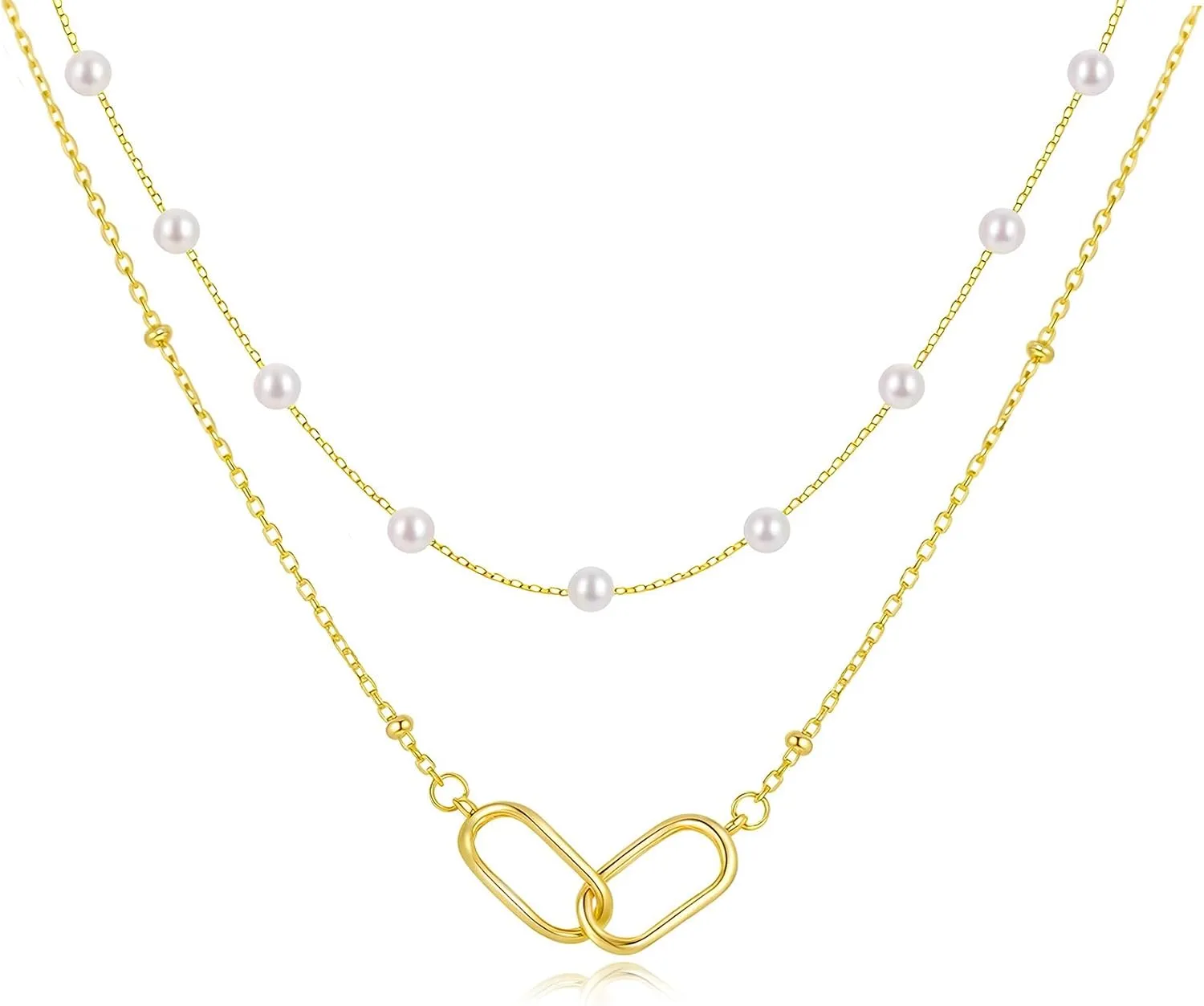 Dainty Gold Paperclip Layered Necklaces for Women Simple Cute Thin Chain silver plated and Pearls Layering Choker Pendant Necklace Stack Trendy Jewelry