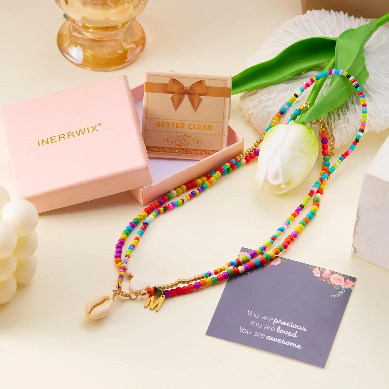 Dainty Initial Necklaces for Women Layered Handmade Colorful Beaded Necklaces Letter Choker Necklace with Heart Shaped Shells Y2K Aesthetic Jewelry Boho Summer Necklace Jewelry