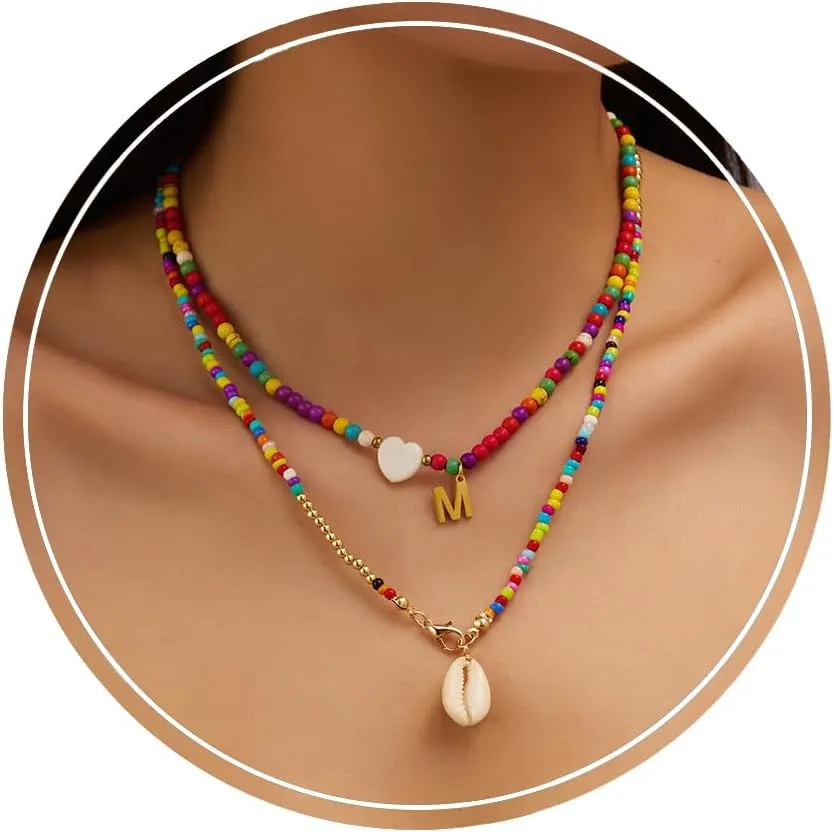 Dainty Initial Necklaces for Women Layered Handmade Colorful Beaded Necklaces Letter Choker Necklace with Heart Shaped Shells Y2K Aesthetic Jewelry Boho Summer Necklace Jewelry