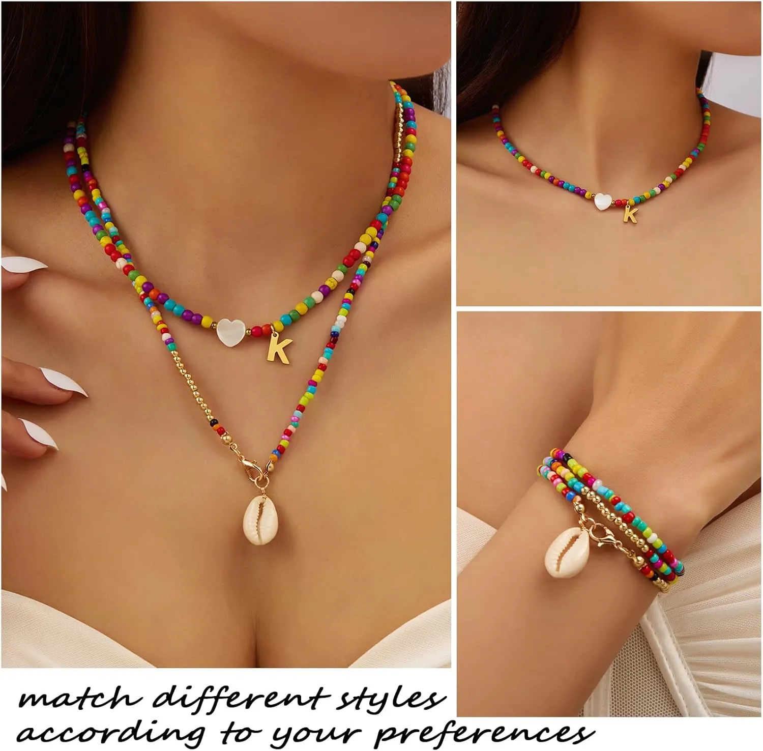 Dainty Initial Necklaces for Women Layered Handmade Colorful Beaded Necklaces Letter Choker Necklace with Heart Shaped Shells Y2K Aesthetic Jewelry Boho Summer Necklace Jewelry