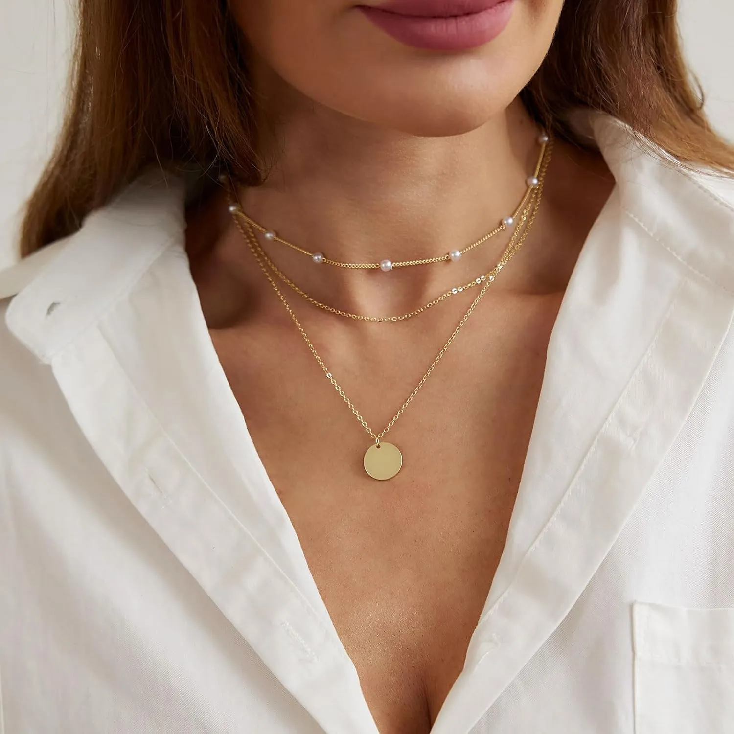 Dainty Layered Choker Necklaces Gold Silver Stacking Layering Pearl Cross Adjustable Multilayer Bar Disc Pendant Necklace for Women Dot Chain Jewelry