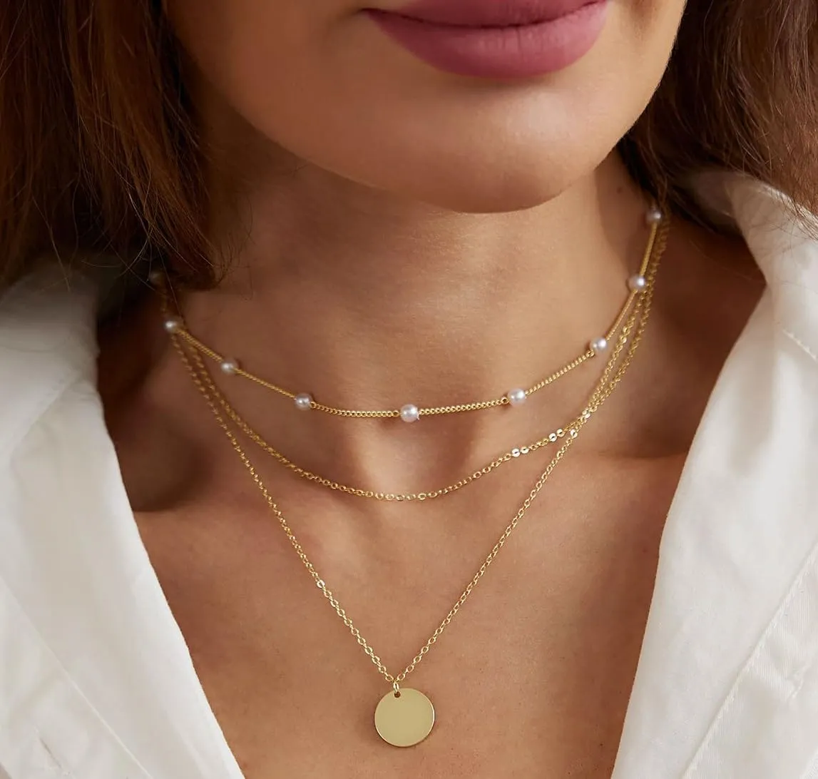 Dainty Layered Choker Necklaces Gold Silver Stacking Layering Pearl Cross Adjustable Multilayer Bar Disc Pendant Necklace for Women Dot Chain Jewelry