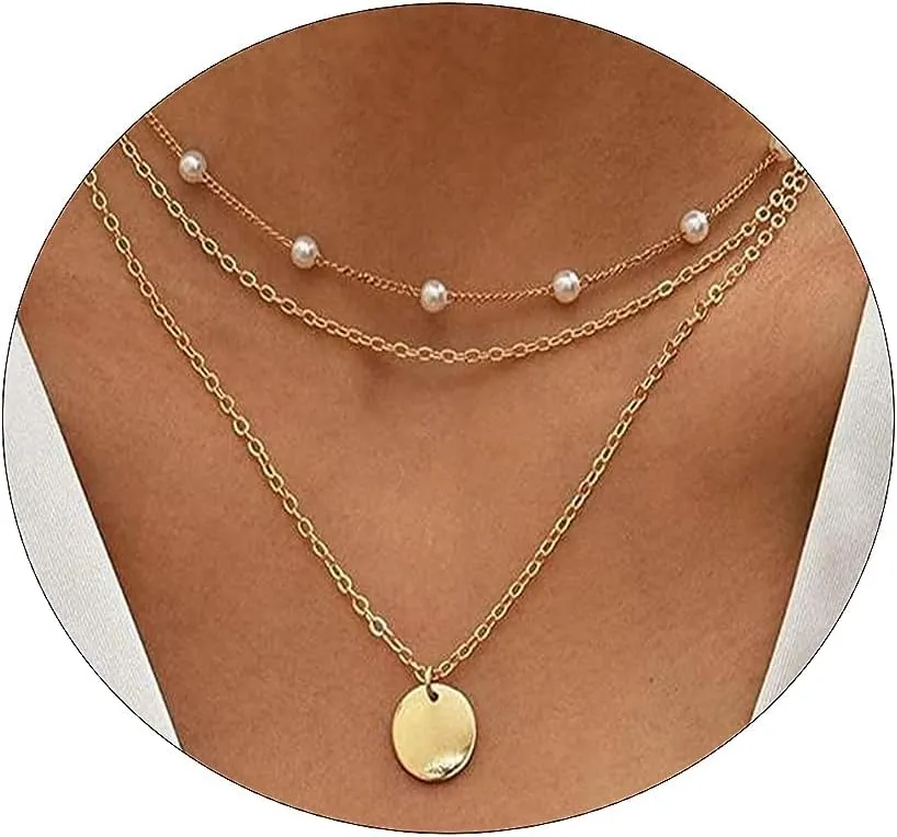 Dainty Layered Choker Necklaces Gold Silver Stacking Layering Pearl Cross Adjustable Multilayer Bar Disc Pendant Necklace for Women Dot Chain Jewelry