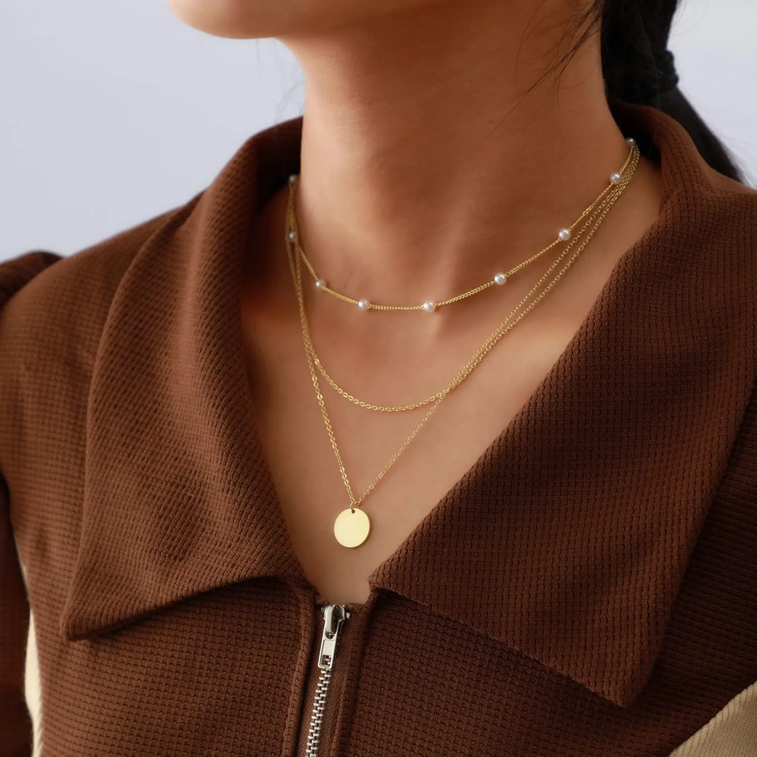 Dainty Layered Choker Necklaces Gold Silver Stacking Layering Pearl Cross Adjustable Multilayer Bar Disc Pendant Necklace for Women Dot Chain Jewelry