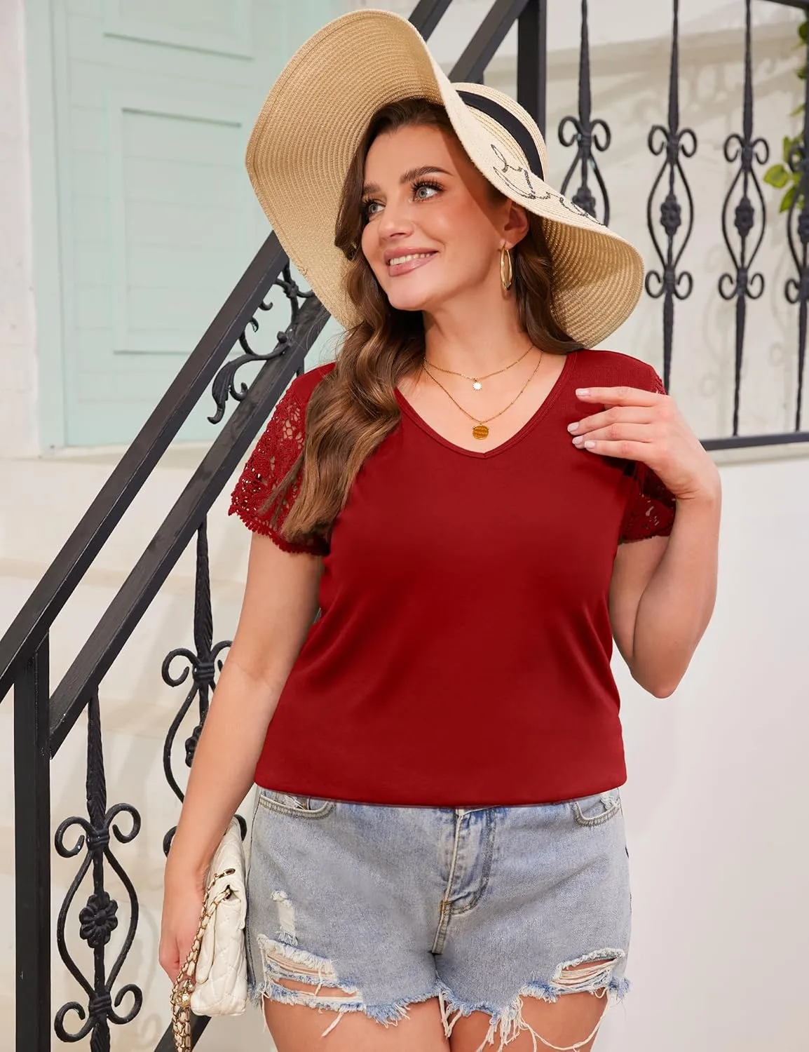 Desol Womens Summer Lace Tops Trendy 2025 Short Sleeve Tshirts Shirts Business Casual V Neck Blouses Summer Clothes