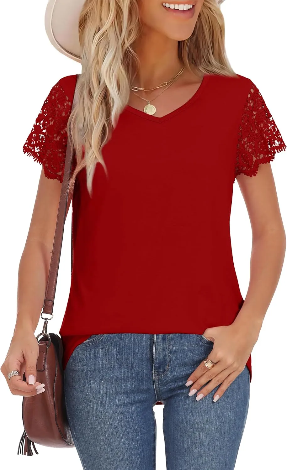 Desol Womens Summer Lace Tops Trendy 2025 Short Sleeve Tshirts Shirts Business Casual V Neck Blouses Summer Clothes