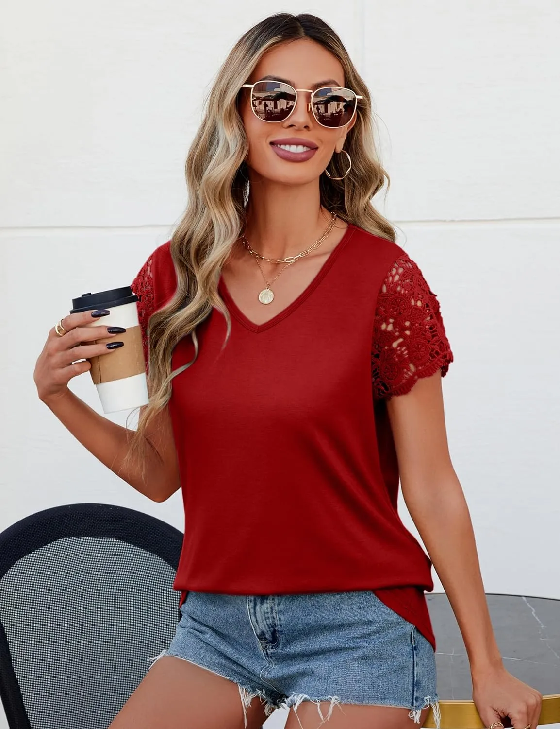 Desol Womens Summer Lace Tops Trendy 2025 Short Sleeve Tshirts Shirts Business Casual V Neck Blouses Summer Clothes
