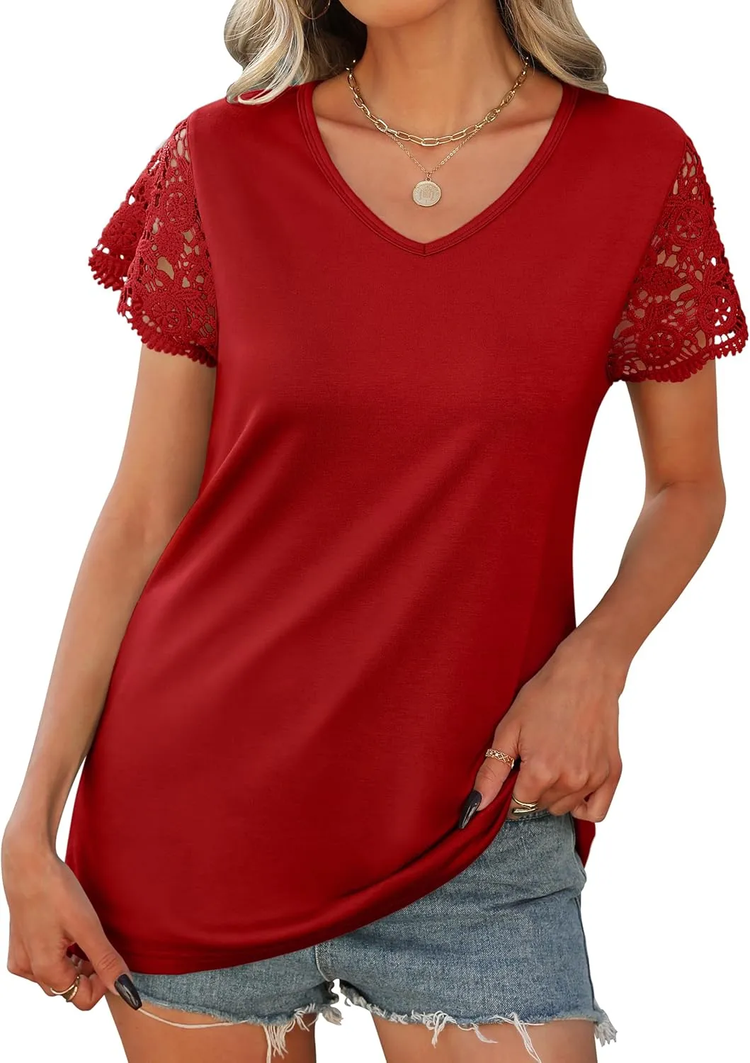 Desol Womens Summer Lace Tops Trendy 2025 Short Sleeve Tshirts Shirts Business Casual V Neck Blouses Summer Clothes