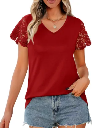 Desol Womens Summer Lace Tops Trendy 2025 Short Sleeve Tshirts Shirts Business Casual V Neck Blouses Summer Clothes