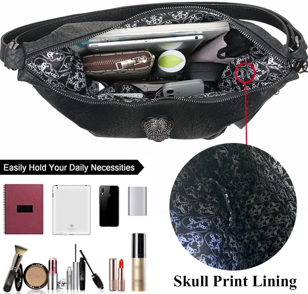 Downupdown Skull Handbags Women Tote Bags Skull Print Leather Shoulder Crossbody Bag Studded Satchel Purse Gothic Backpack