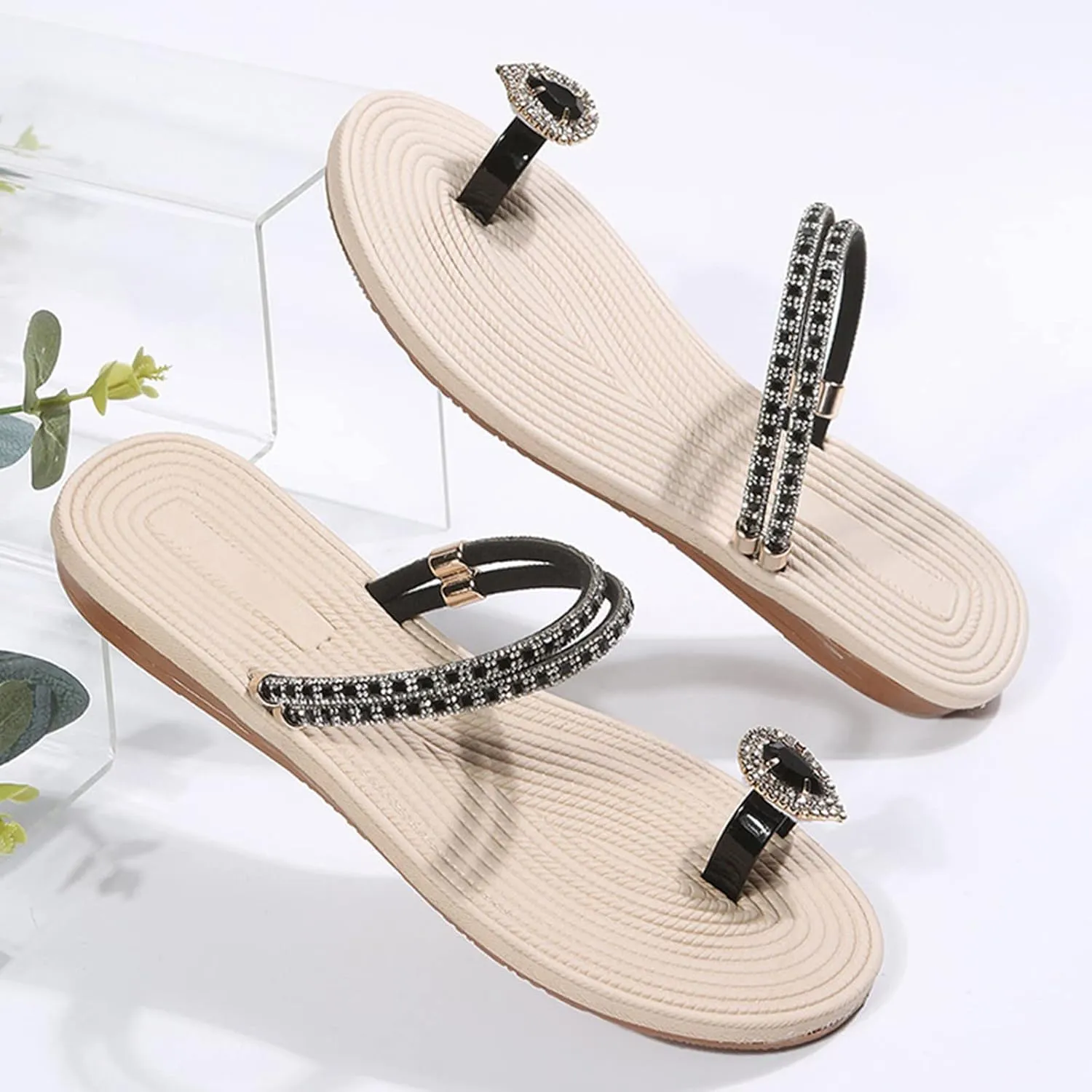 Eduavar Womens Wedge Sandals, Sandals for Women Dressy Rhinestone Flat Sandals Comfortable Ring Toe Slippers