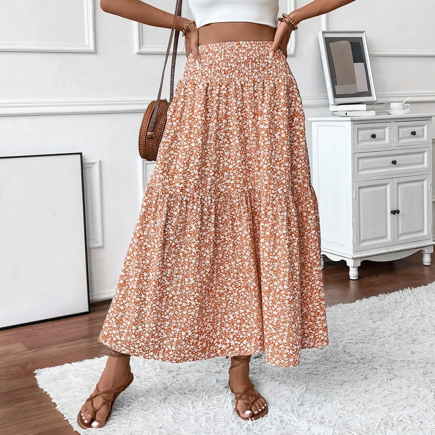Floral Skirts for Women Summer Flowy Tiered Elastic High Waisted Print Swing Skirt Vacation A-Line Long Midi Skirts