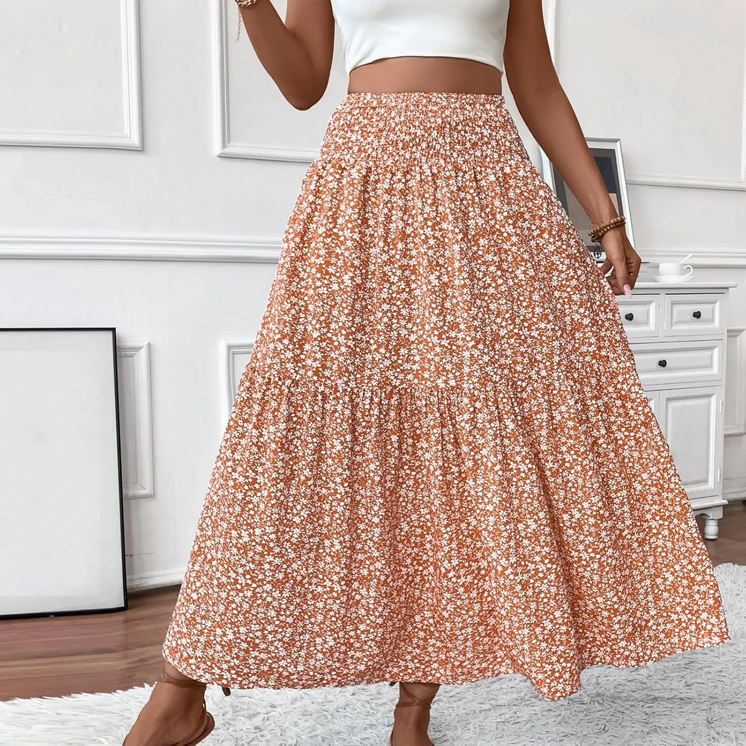 Floral Skirts for Women Summer Flowy Tiered Elastic High Waisted Print Swing Skirt Vacation A-Line Long Midi Skirts