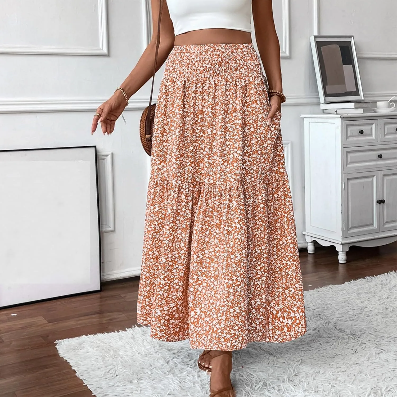 Floral Skirts for Women Summer Flowy Tiered Elastic High Waisted Print Swing Skirt Vacation A-Line Long Midi Skirts