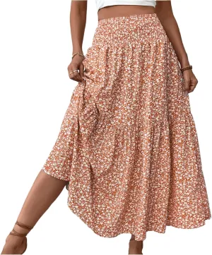 Floral Skirts for Women Summer Flowy Tiered Elastic High Waisted Print Swing Skirt Vacation A-Line Long Midi Skirts