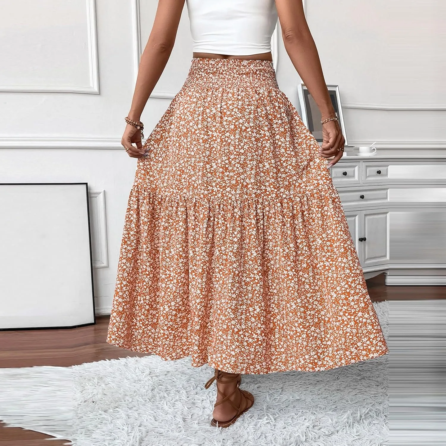 Floral Skirts for Women Summer Flowy Tiered Elastic High Waisted Print Swing Skirt Vacation A-Line Long Midi Skirts