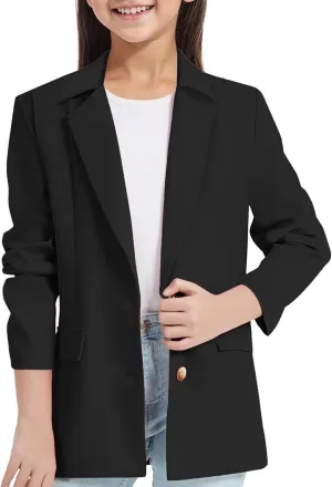 Girls Blazer Long Sleeve Shawl Collar Formal Blazers Suit Jacket Open Front Inner Pocket for Kids Size 3-14 Year
