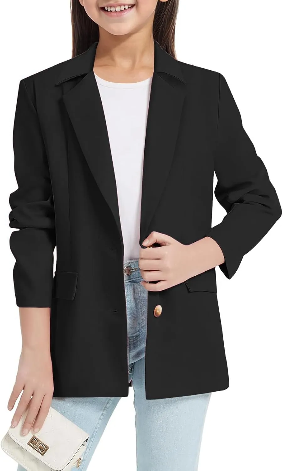 Girls Blazer Long Sleeve Shawl Collar Formal Blazers Suit Jacket Open Front Inner Pocket for Kids Size 3-14 Year