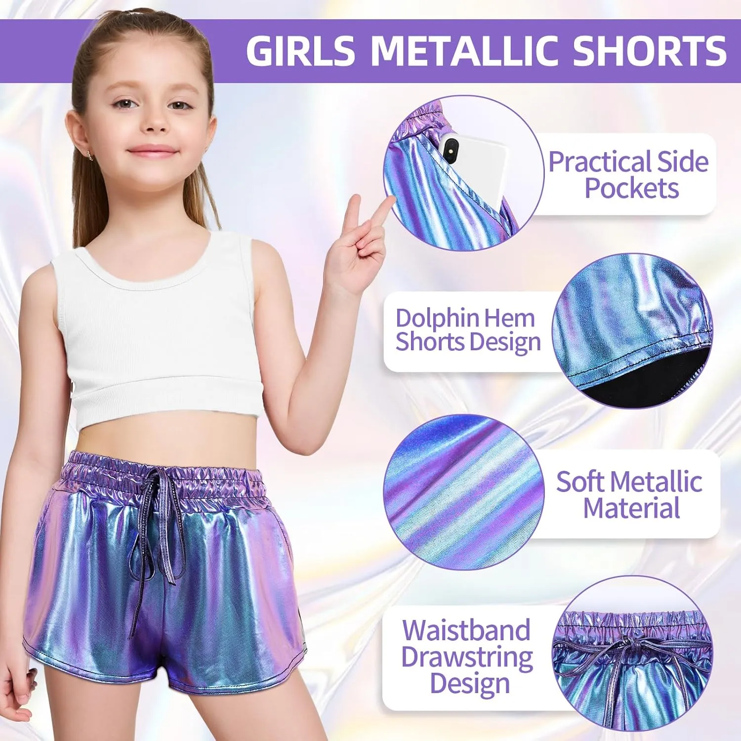 Girls Glitter Metallic Shorts - Shiny Hot Pants for Dance Gymnastics Shorts with Sunglasses