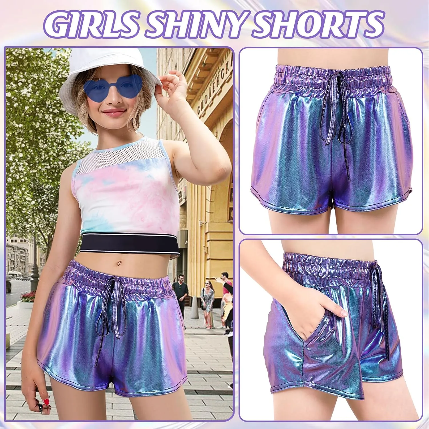 Girls Glitter Metallic Shorts - Shiny Hot Pants for Dance Gymnastics Shorts with Sunglasses