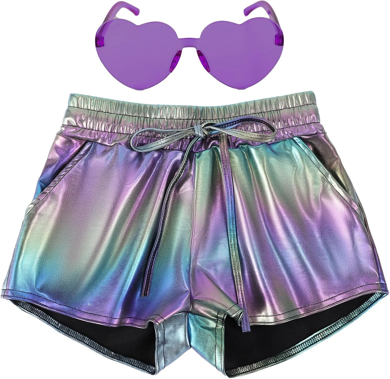 Girls Glitter Metallic Shorts - Shiny Hot Pants for Dance Gymnastics Shorts with Sunglasses