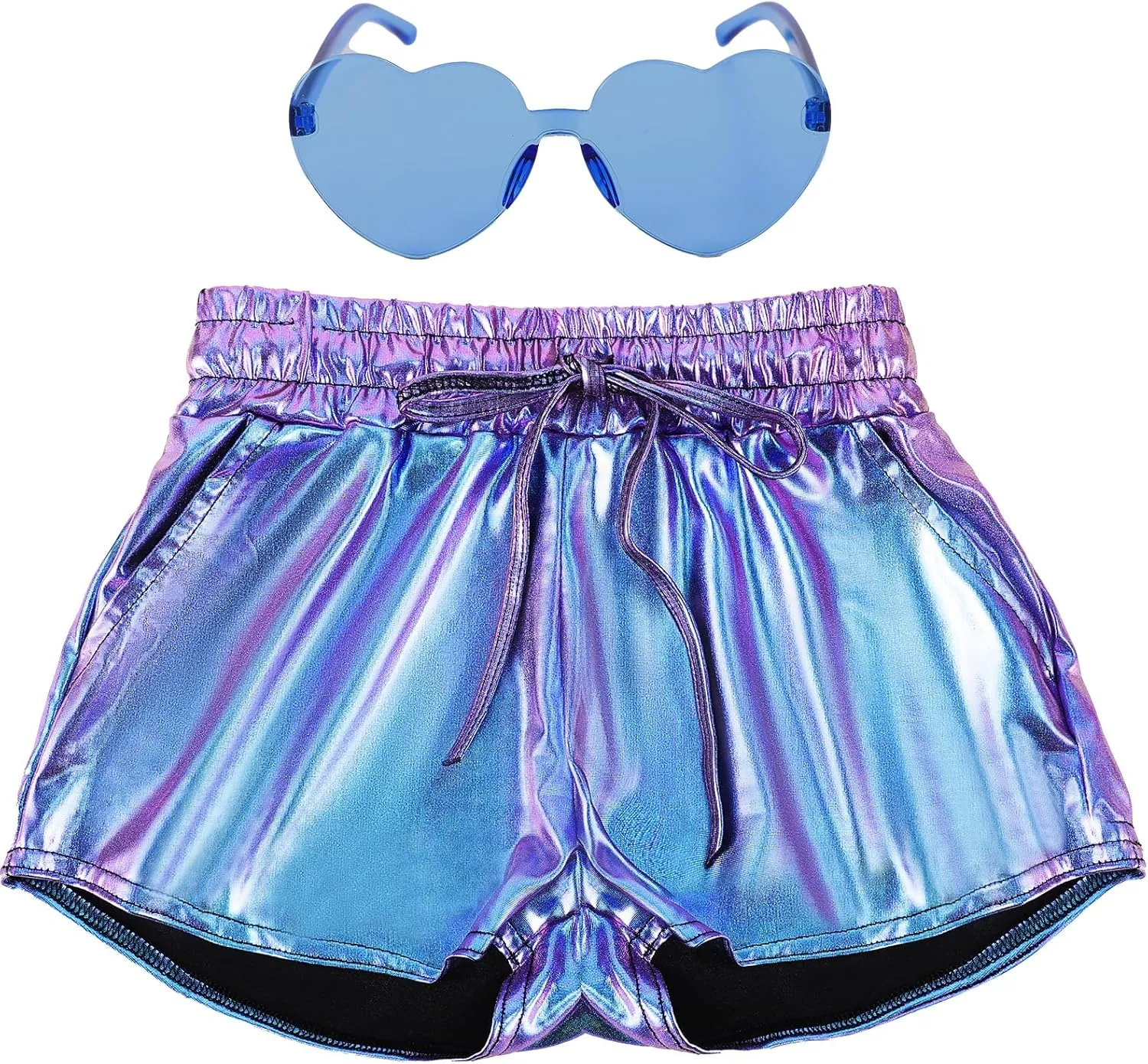 Girls Glitter Metallic Shorts - Shiny Hot Pants for Dance Gymnastics Shorts with Sunglasses