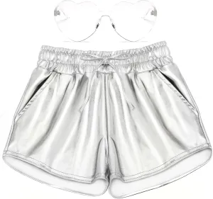 Girls Glitter Metallic Shorts - Shiny Hot Pants for Dance Gymnastics Shorts with Sunglasses