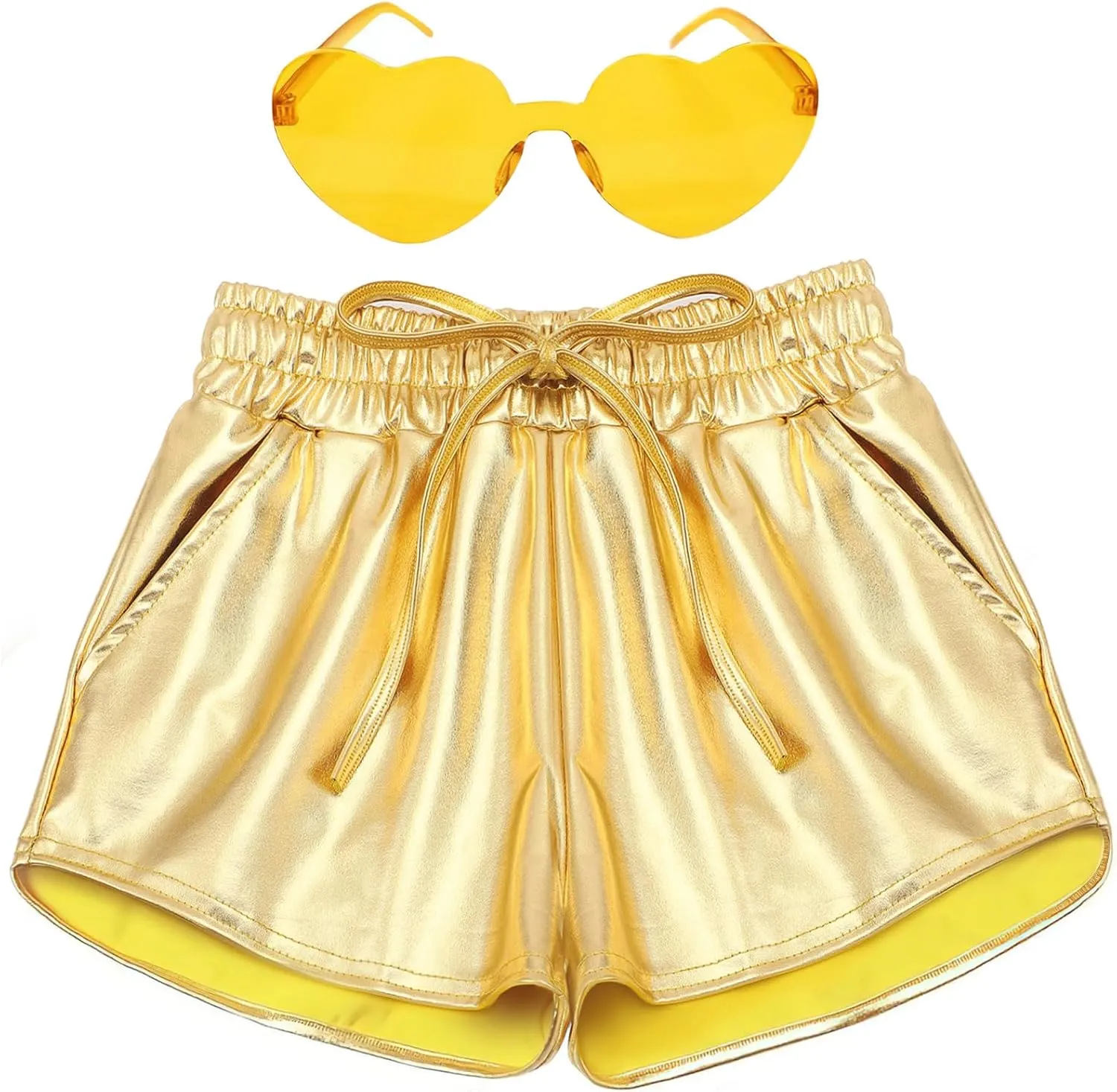 Girls Glitter Metallic Shorts - Shiny Hot Pants for Dance Gymnastics Shorts with Sunglasses