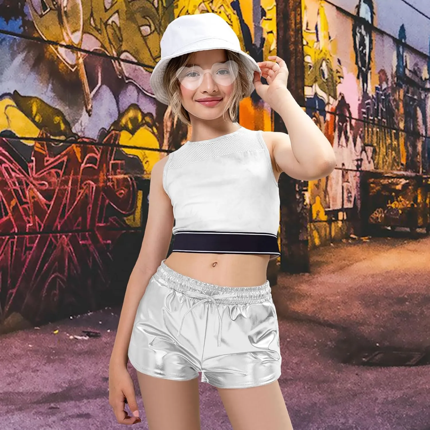 Girls Glitter Metallic Shorts - Shiny Hot Pants for Dance Gymnastics Shorts with Sunglasses