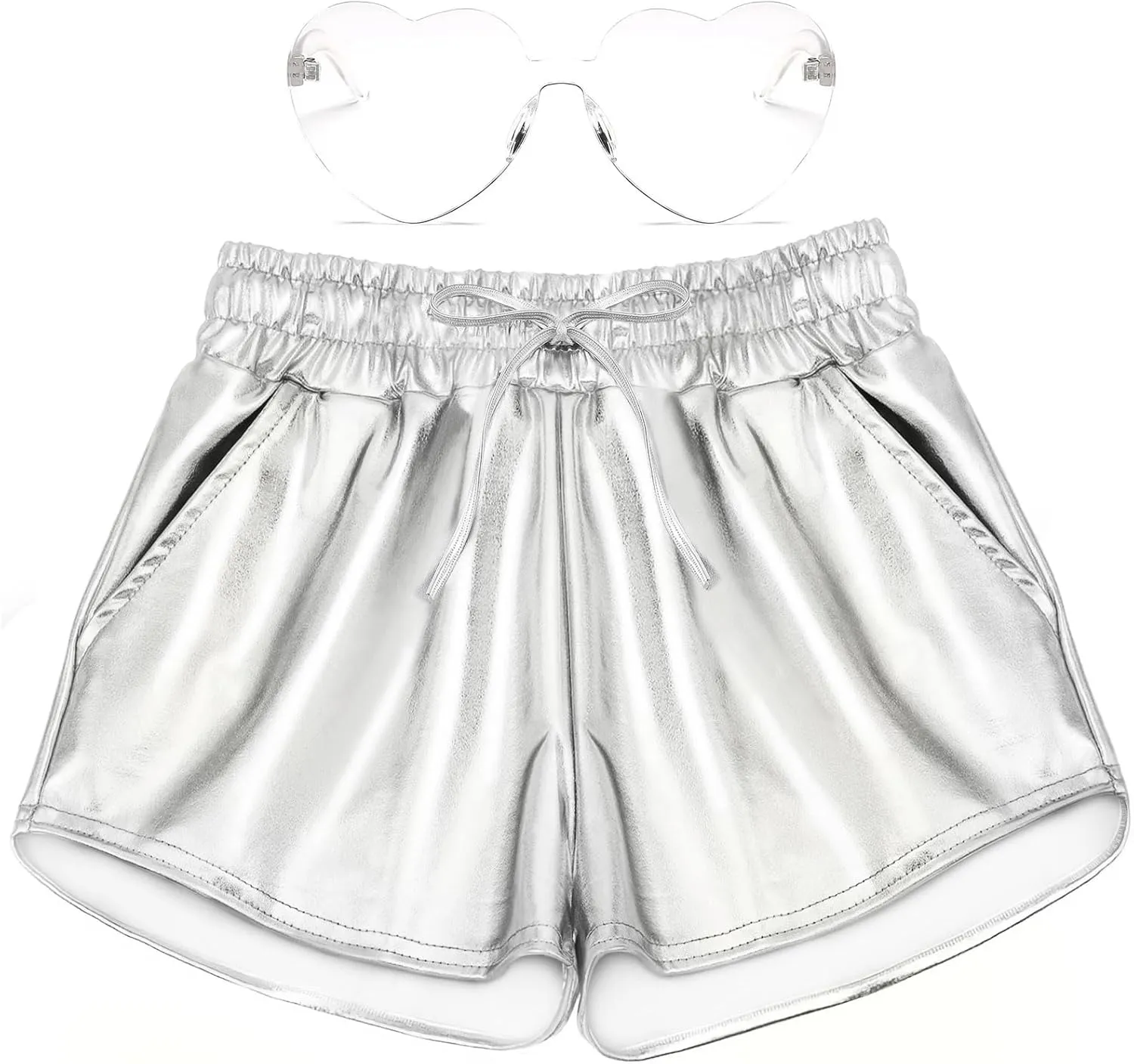 Girls Glitter Metallic Shorts - Shiny Hot Pants for Dance Gymnastics Shorts with Sunglasses