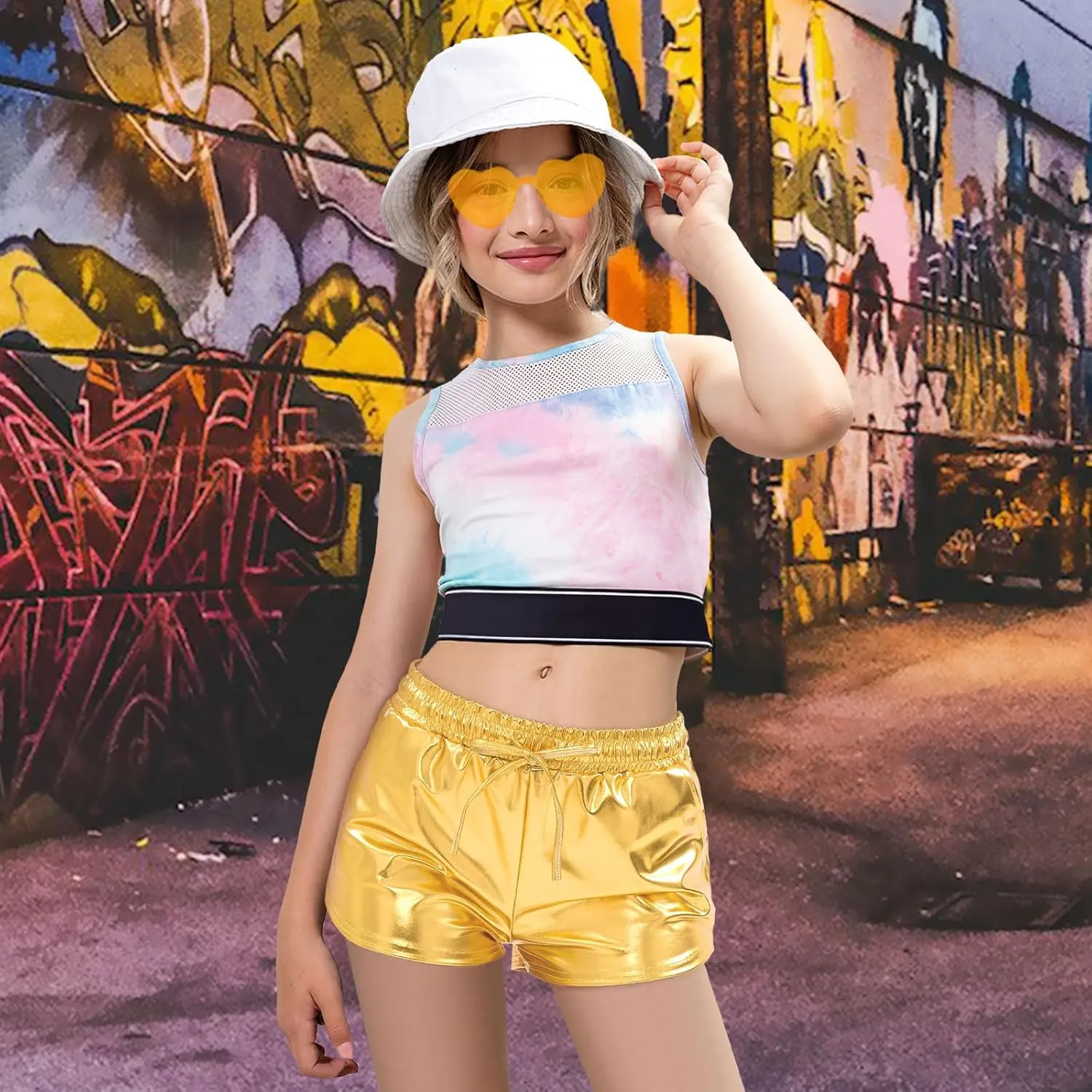 Girls Glitter Metallic Shorts - Shiny Hot Pants for Dance Gymnastics Shorts with Sunglasses