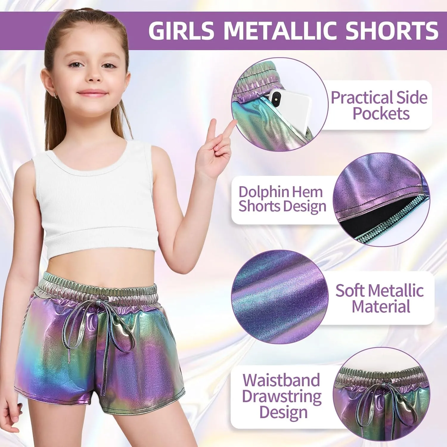 Girls Glitter Metallic Shorts - Shiny Hot Pants for Dance Gymnastics Shorts with Sunglasses