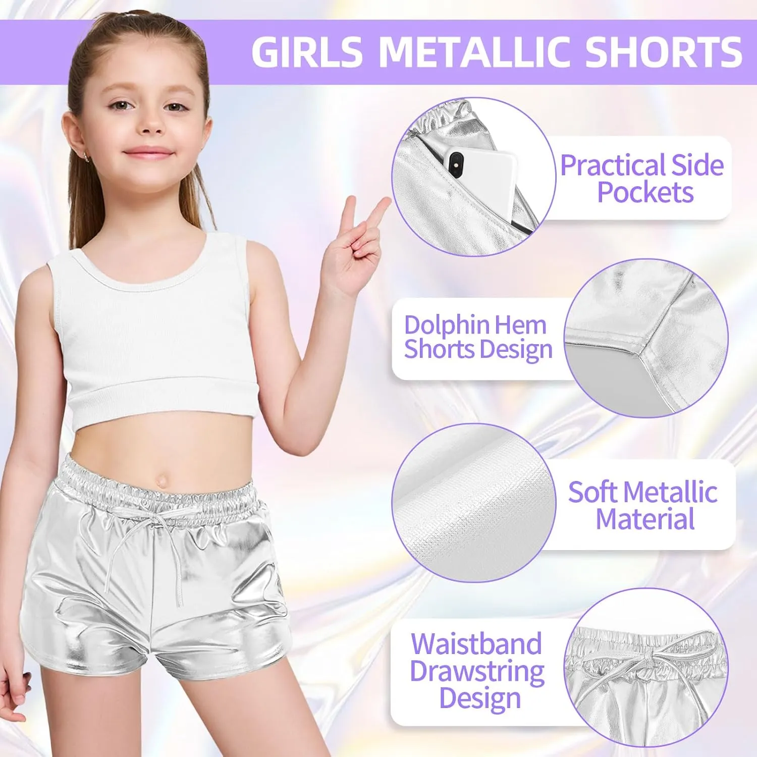 Girls Glitter Metallic Shorts - Shiny Hot Pants for Dance Gymnastics Shorts with Sunglasses