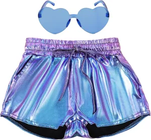 Girls Glitter Metallic Shorts - Shiny Hot Pants for Dance Gymnastics Shorts with Sunglasses