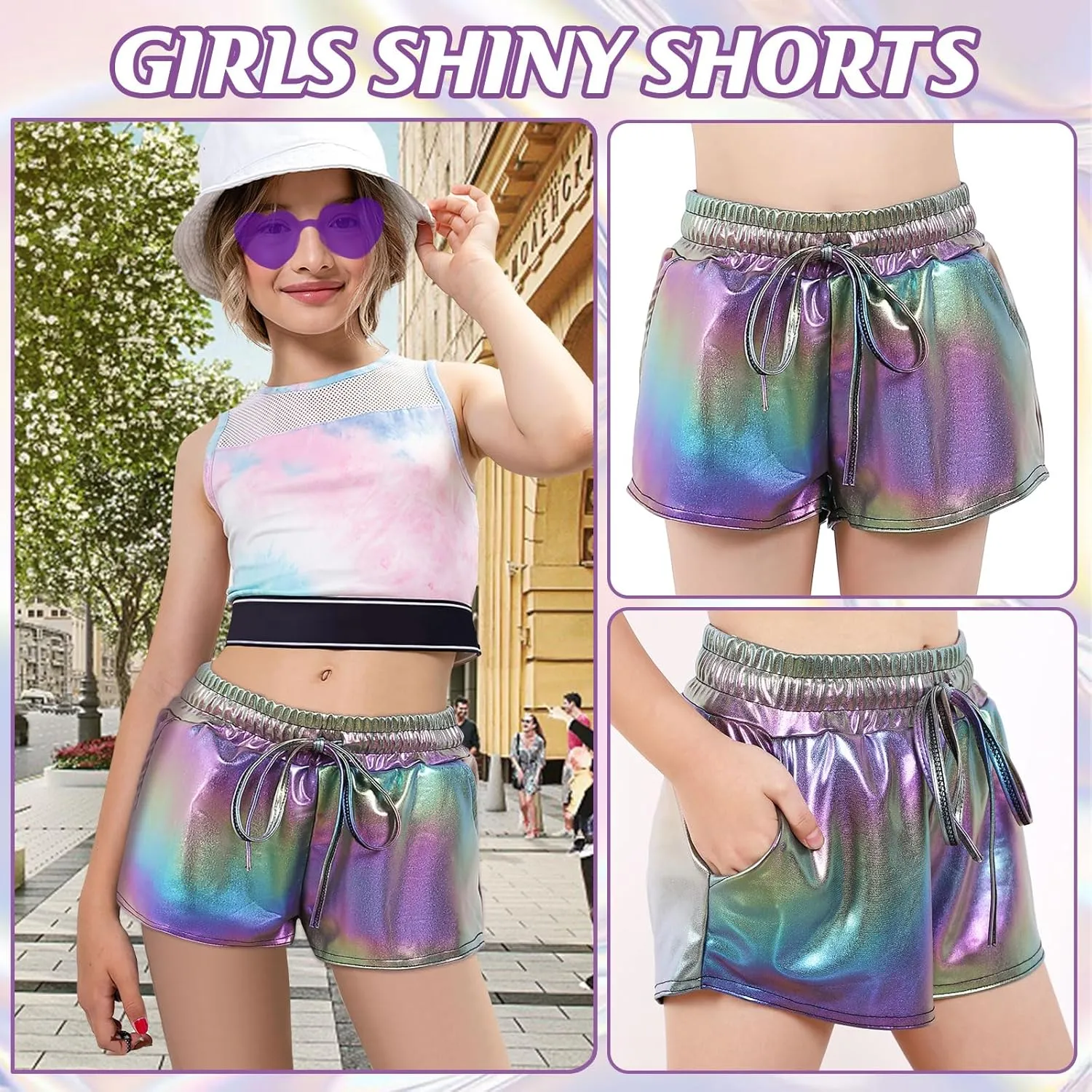 Girls Glitter Metallic Shorts - Shiny Hot Pants for Dance Gymnastics Shorts with Sunglasses