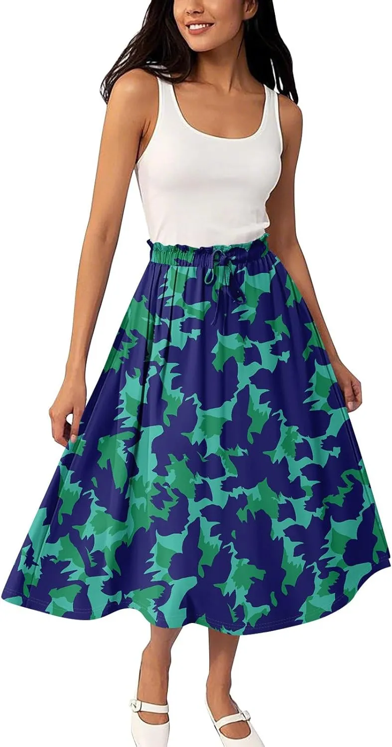 GOFULY Summer Skirts for Women 2025 Midi Length Floral Print A Line Boho Skirts Drawstring Elastic High Waist Smocked Skirt