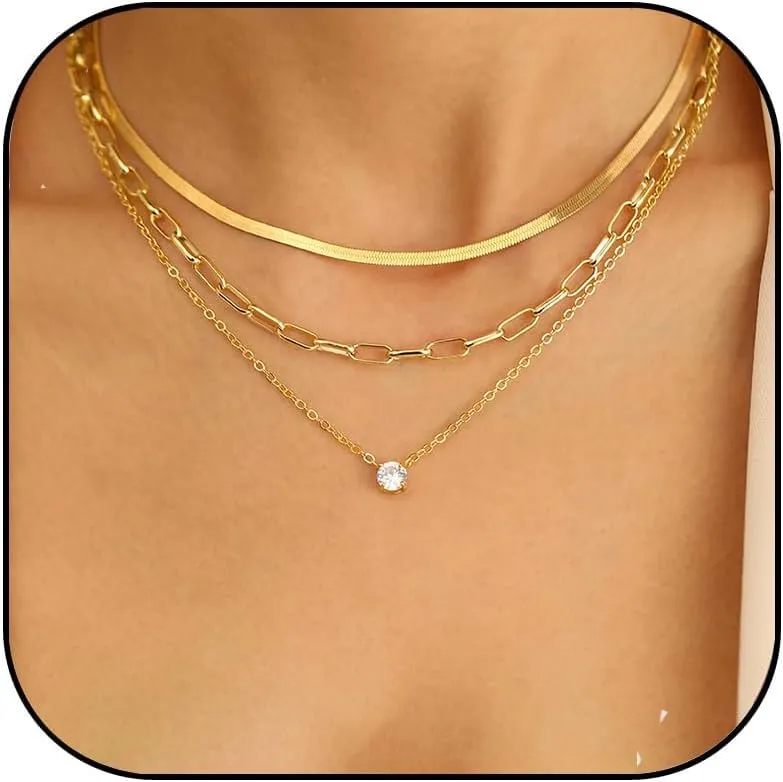 Gold Layered Necklaces for Women Diamond Necklace Dainty 14K Gold Plated CZ Pendant Necklaces Snake Chain Choker Neckalce Paperclip Chain Necklace Bridesmaid Jewelry for Women