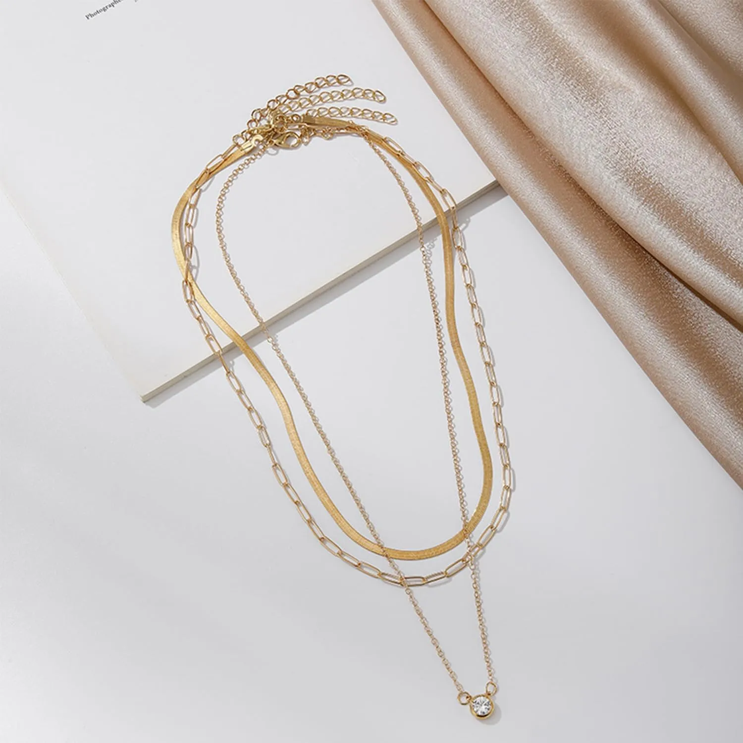 Gold Layered Necklaces for Women Diamond Necklace Dainty 14K Gold Plated CZ Pendant Necklaces Snake Chain Choker Neckalce Paperclip Chain Necklace Bridesmaid Jewelry for Women