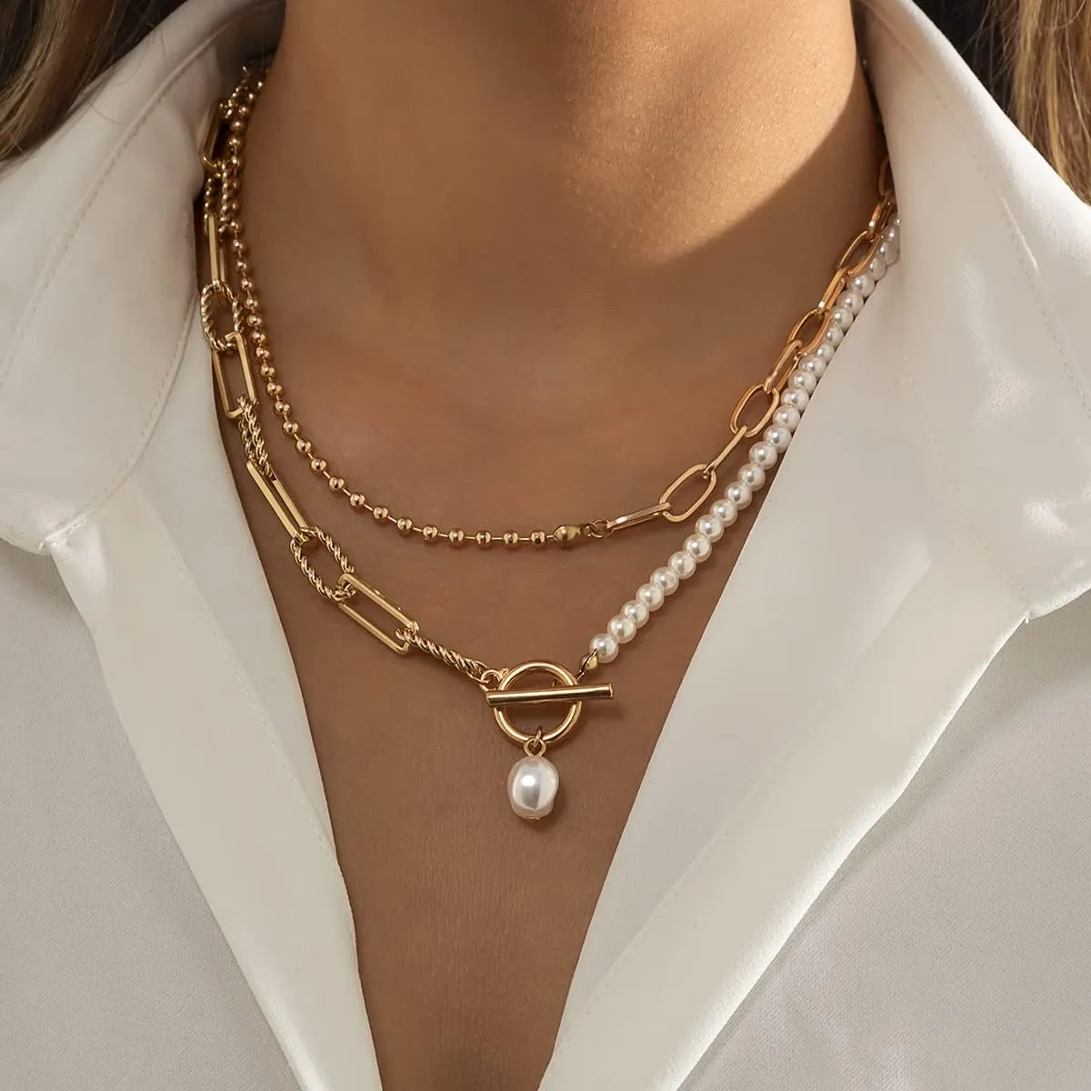 Gold Layered Necklaces for Women Pearl Cuban Link Chain Necklace Choker Gold Paperclip Necklace Initial Pendant Necklaces Jewelry for Womens Gift
