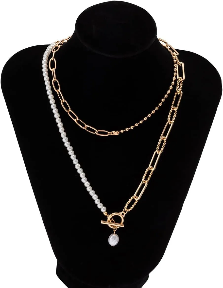 Gold Layered Necklaces for Women Pearl Cuban Link Chain Necklace Choker Gold Paperclip Necklace Initial Pendant Necklaces Jewelry for Womens Gift