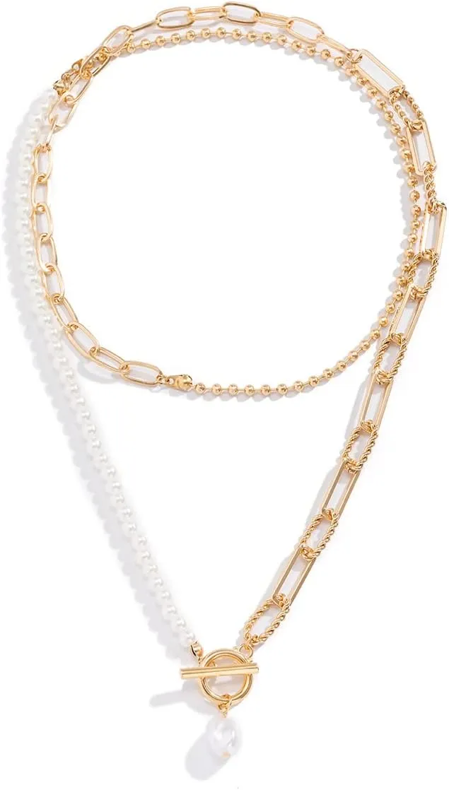 Gold Layered Necklaces for Women Pearl Cuban Link Chain Necklace Choker Gold Paperclip Necklace Initial Pendant Necklaces Jewelry for Womens Gift
