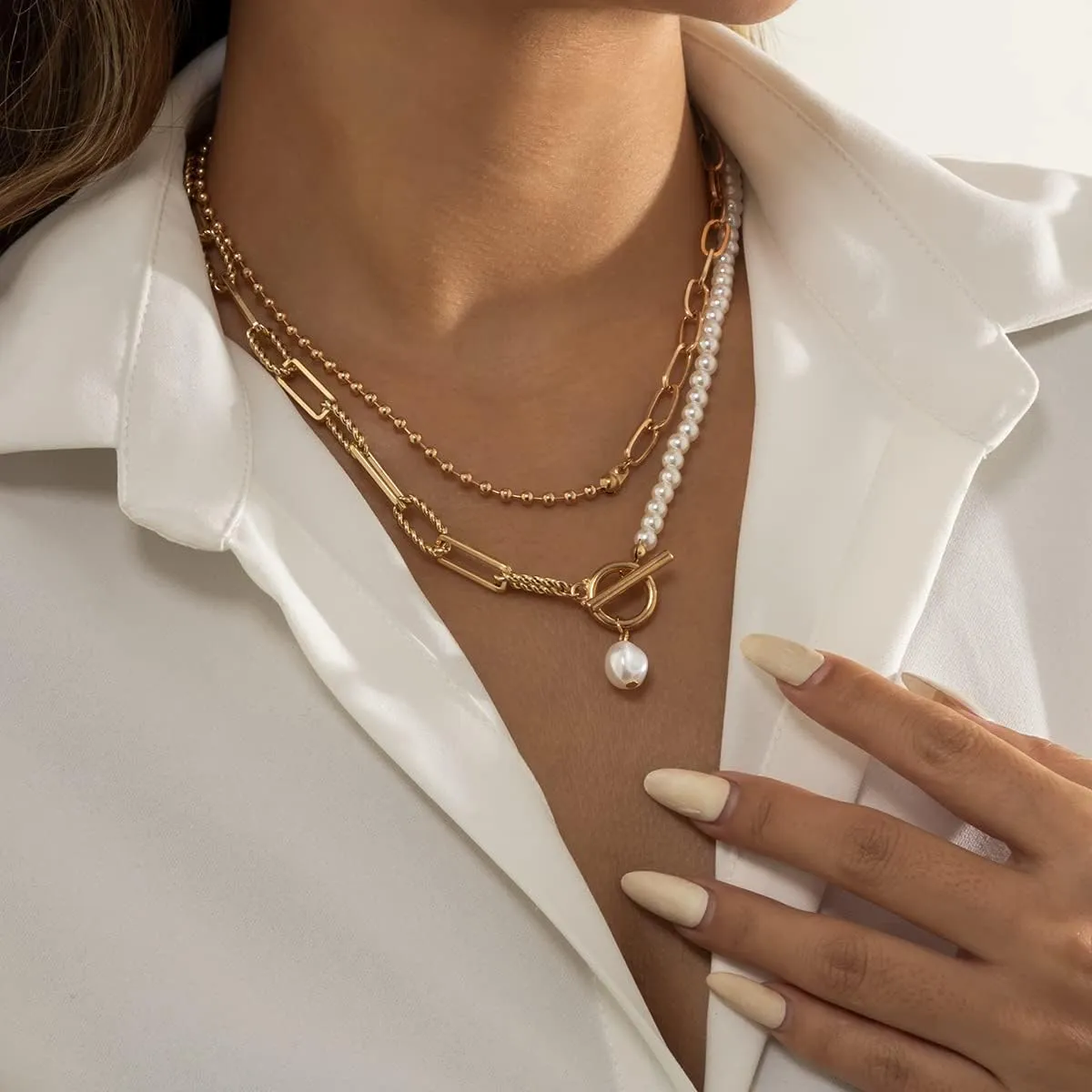 Gold Layered Necklaces for Women Pearl Cuban Link Chain Necklace Choker Gold Paperclip Necklace Initial Pendant Necklaces Jewelry for Womens Gift