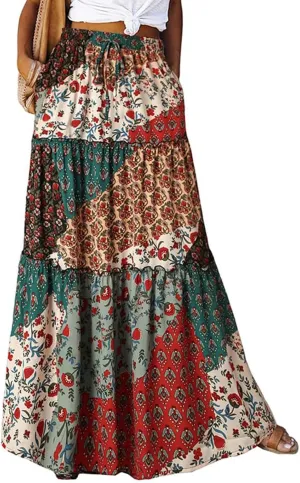 High Waisted Paisley Printed Women's Casual Maxi Skirt Bohemian Pleated Travel Long Skirt with Pockets