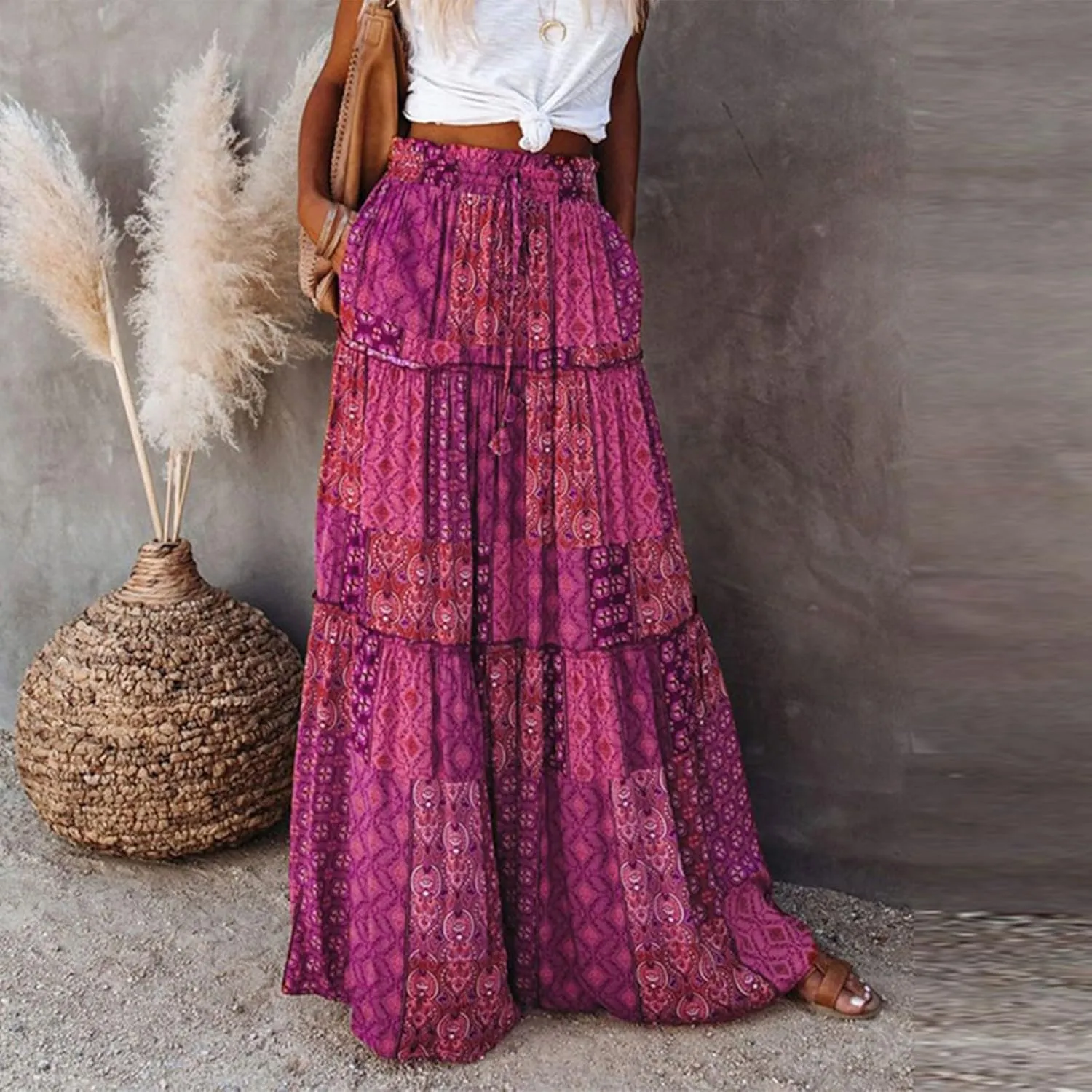 High Waisted Paisley Printed Women's Casual Maxi Skirt Bohemian Pleated Travel Long Skirt with Pockets