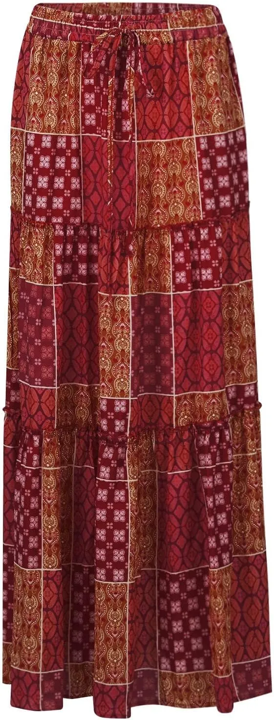 High Waisted Paisley Printed Women's Casual Maxi Skirt Bohemian Pleated Travel Long Skirt with Pockets