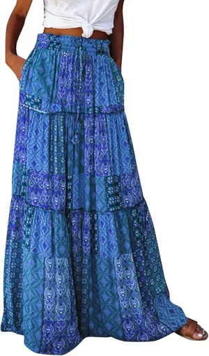 High Waisted Paisley Printed Women's Casual Maxi Skirt Bohemian Pleated Travel Long Skirt with Pockets